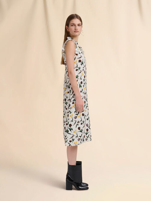 Cream envers satin dress with Tulips and Hares print - Dresses