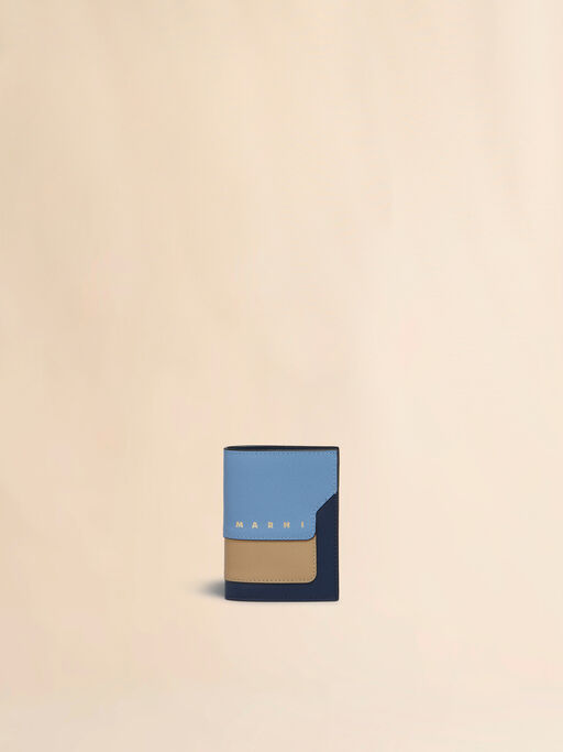 Blue, beige and light blue saffiano leather bi-fold wallet - Wallets