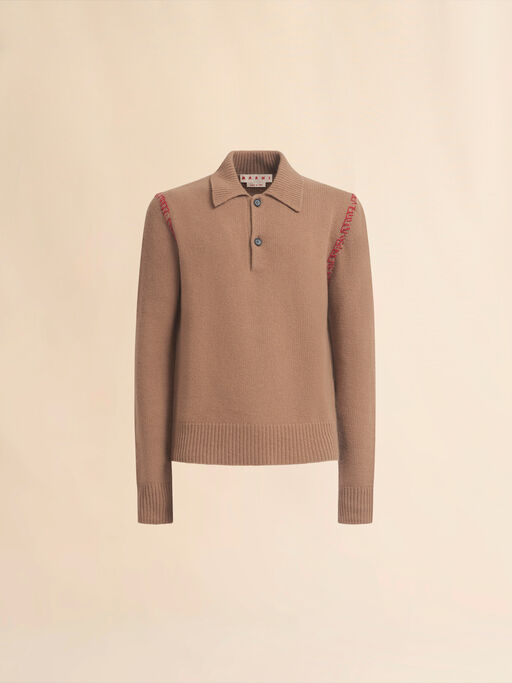 Brown knitted polo jumper with Marni Mending - Shirts