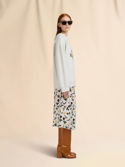 Cream envers satin midi skirt with Tulips and Hares print - Skirts