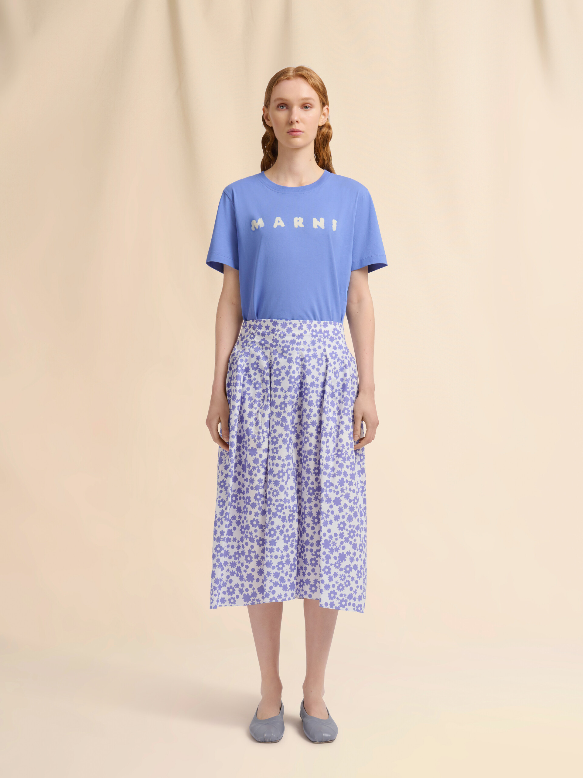 Poplin midi skirt with white and light blue Pop Fields motif - Skirts - Image 2